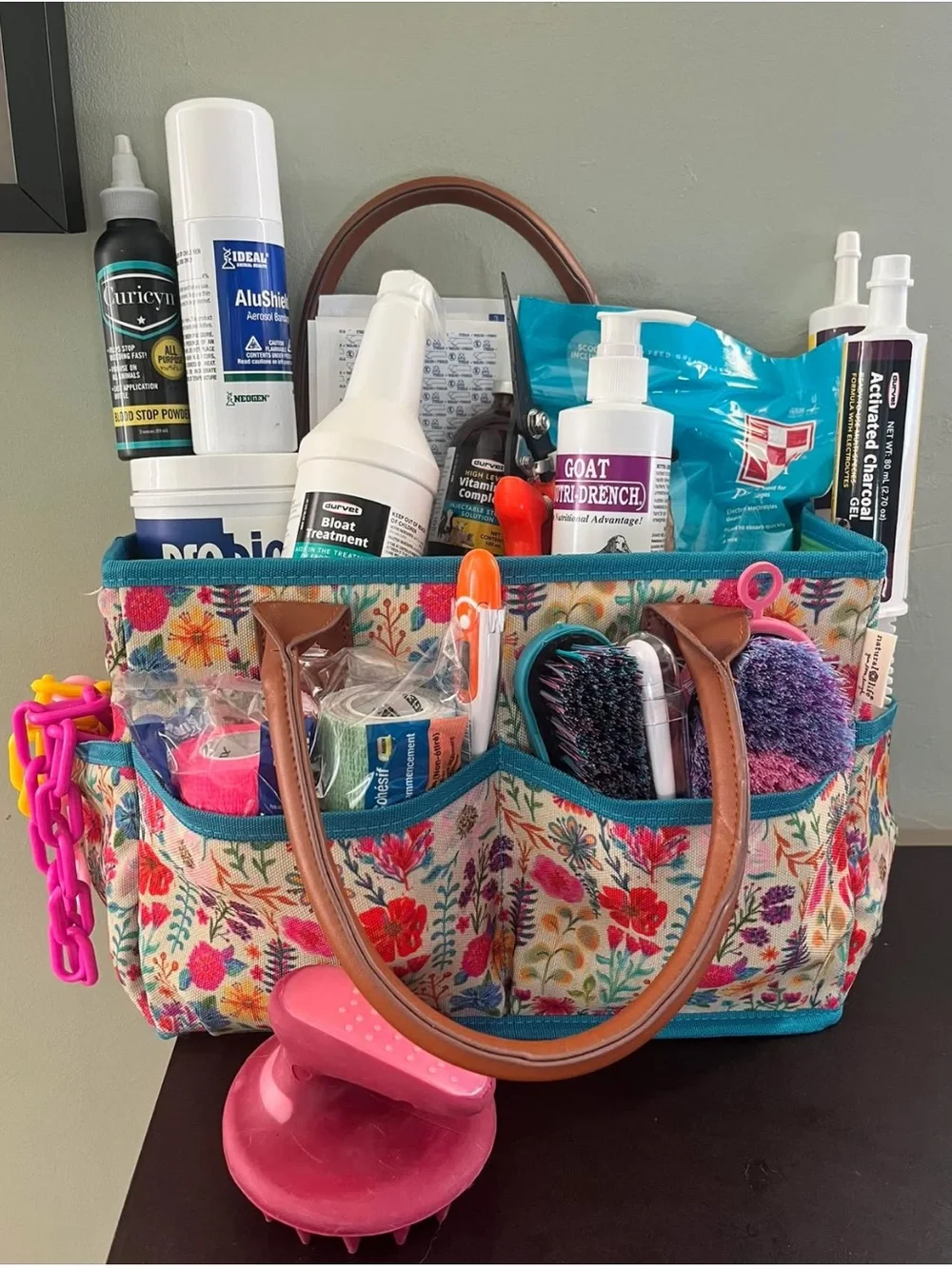 NATURAL LIFE Mimi Tote Floral Utility Tote Organizer Caddy - Teal Trim - Picture 3 of 16
